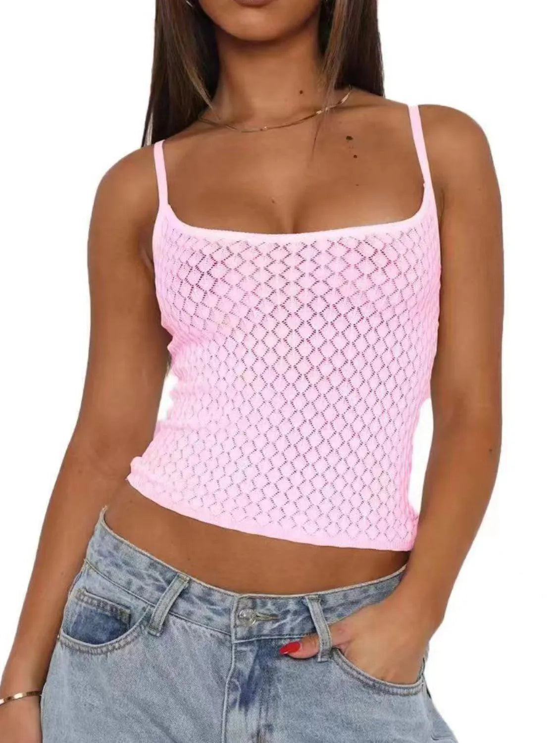 Lace square neck cami with cutout.