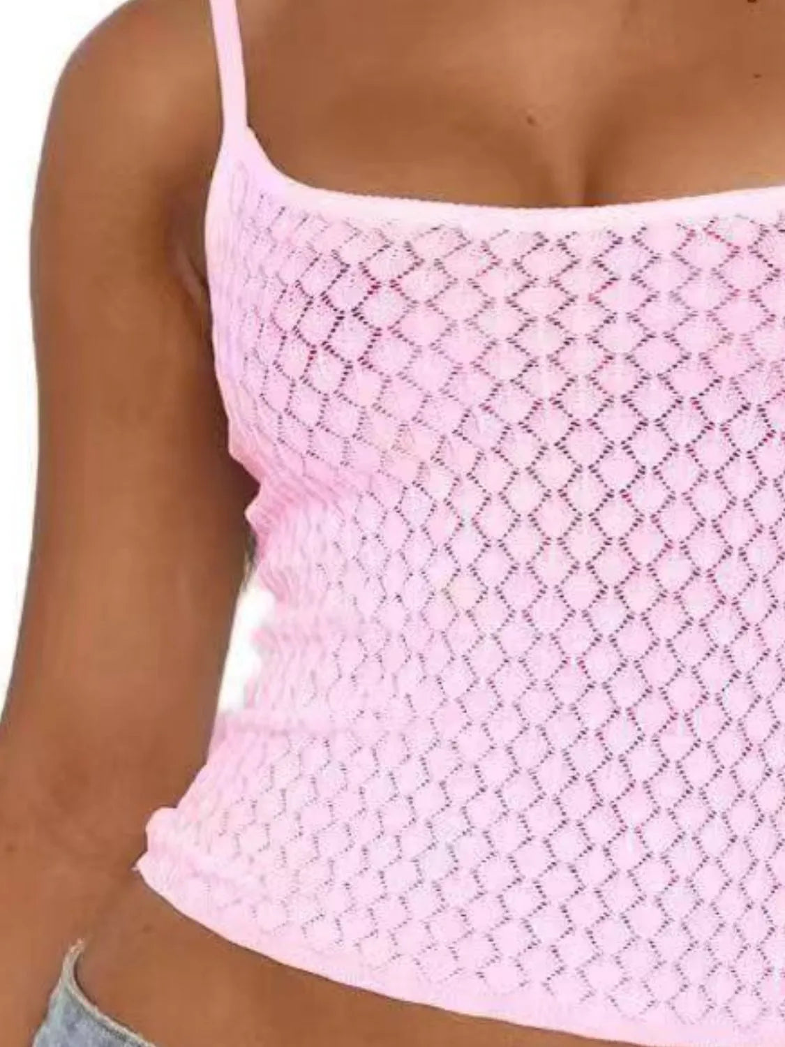 Lace square neck cami with cutout.
