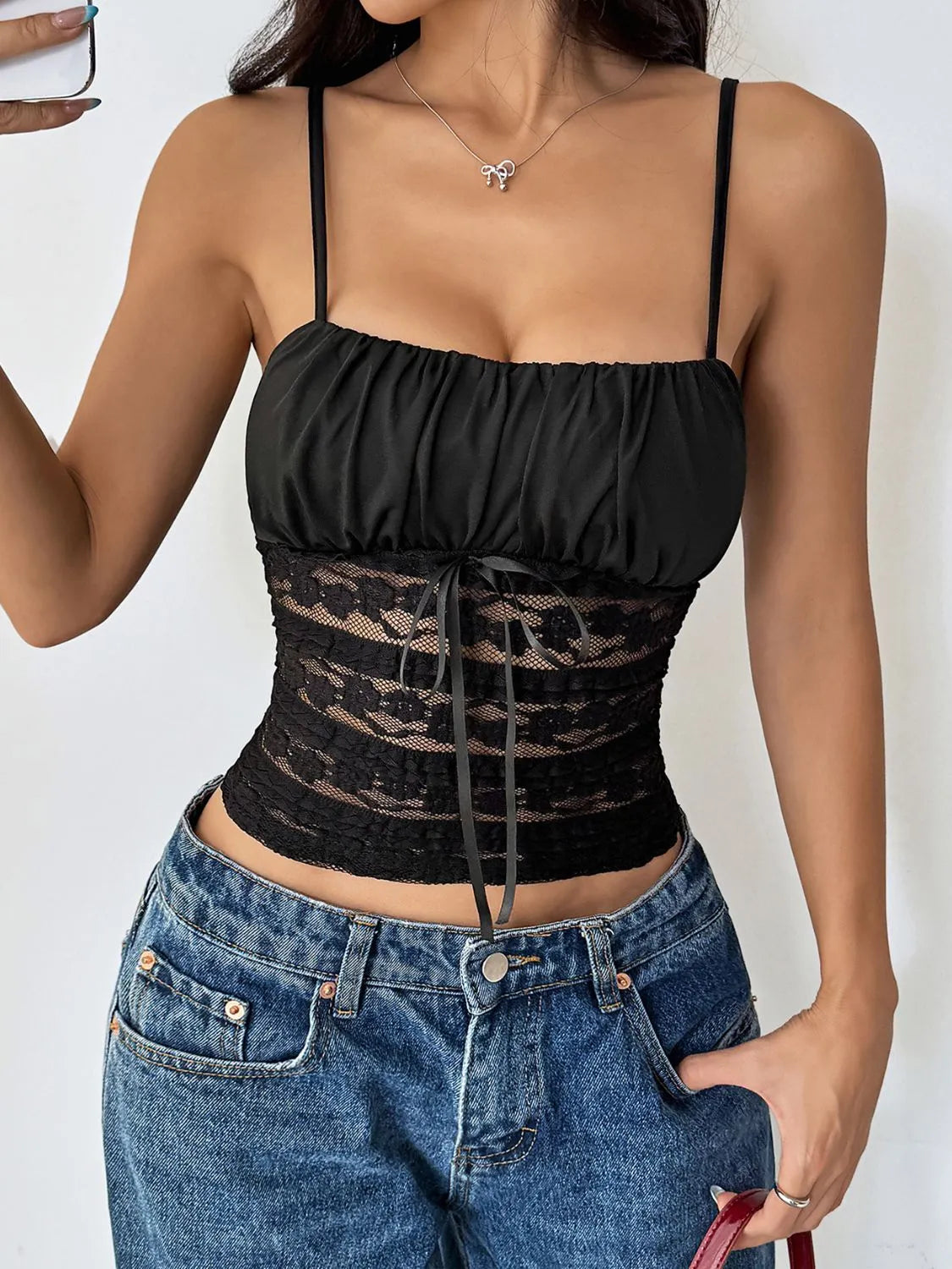 Lace square neck cami with bow.