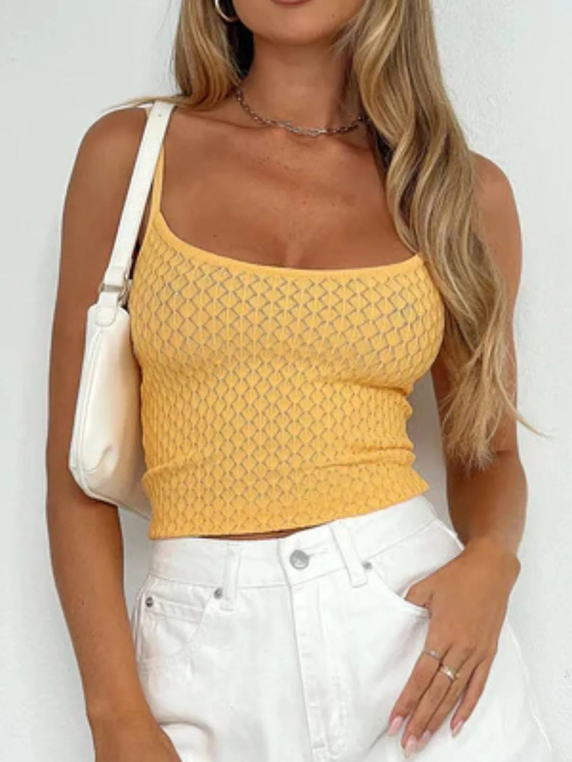 Lace square neck cami with cutout.