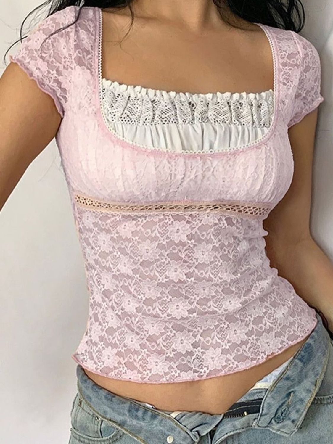 Devine Lace Square Neck Short Sleeve Top.