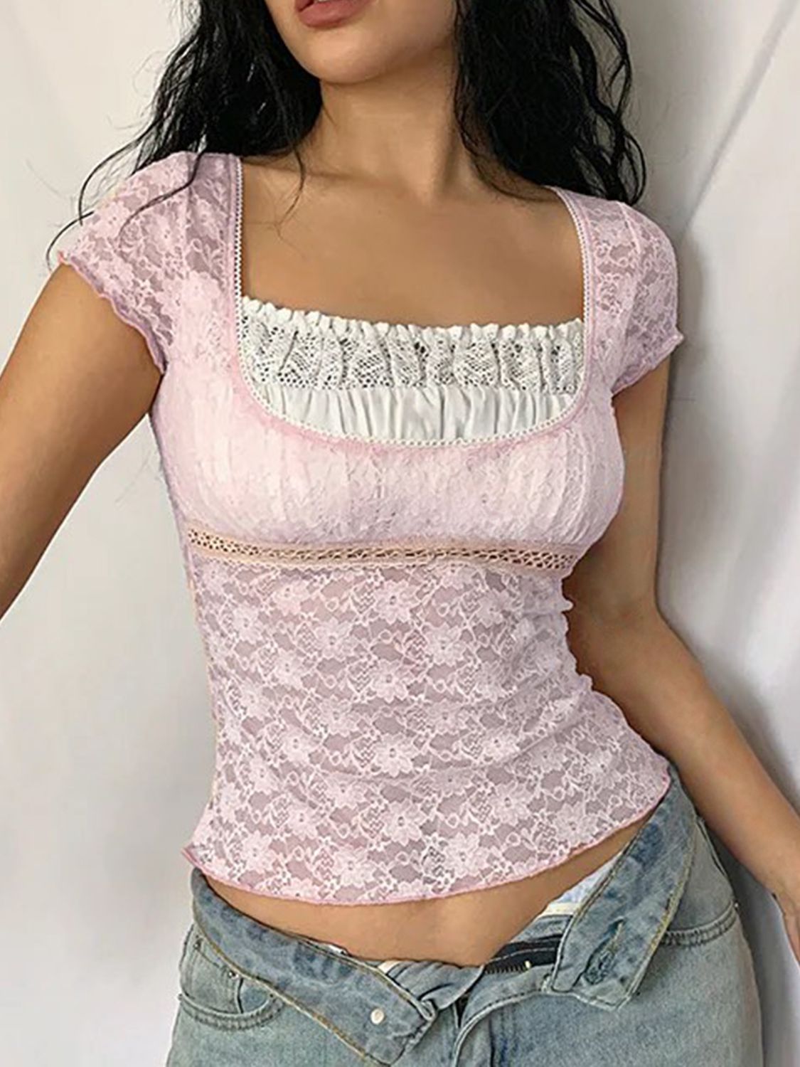 Devine Lace Square Neck Short Sleeve Top.