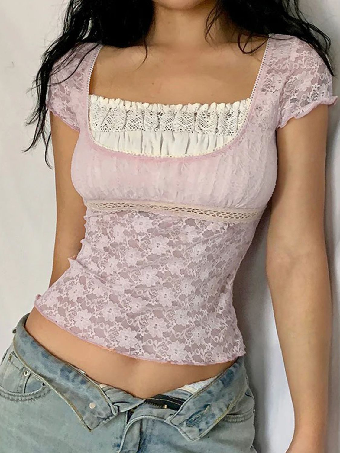 Devine Lace Square Neck Short Sleeve Top.
