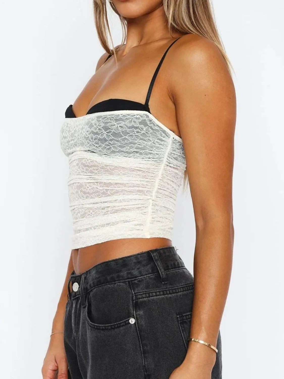 Lace sweetheart neck cami with moderate stretch.