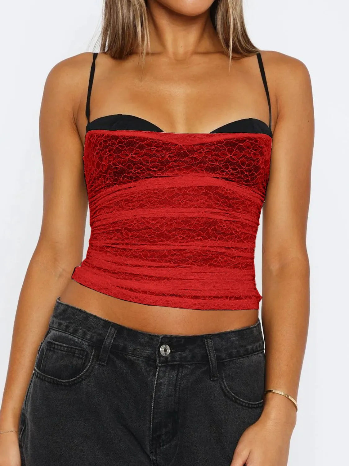 Lace sweetheart neck cami with moderate stretch.