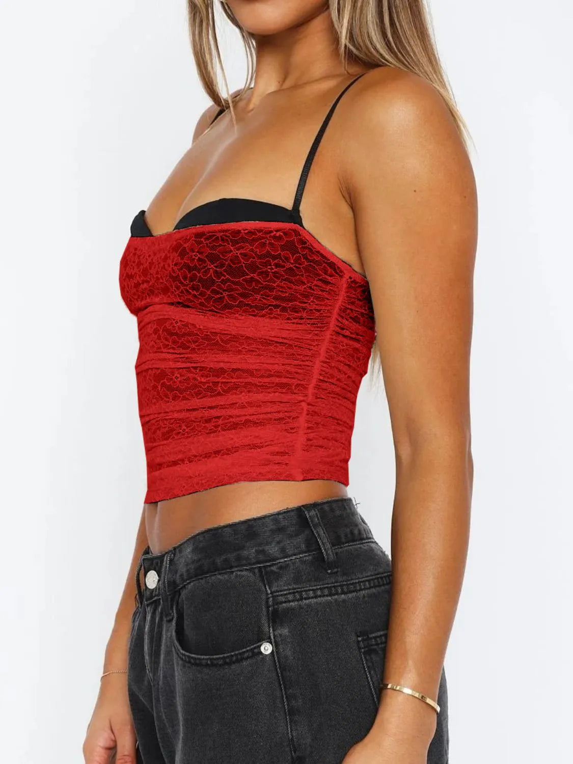 Lace sweetheart neck cami with moderate stretch.