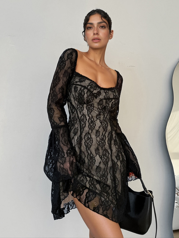 Lace Sweetheart Neck Flare Sleeve Mini Dress.