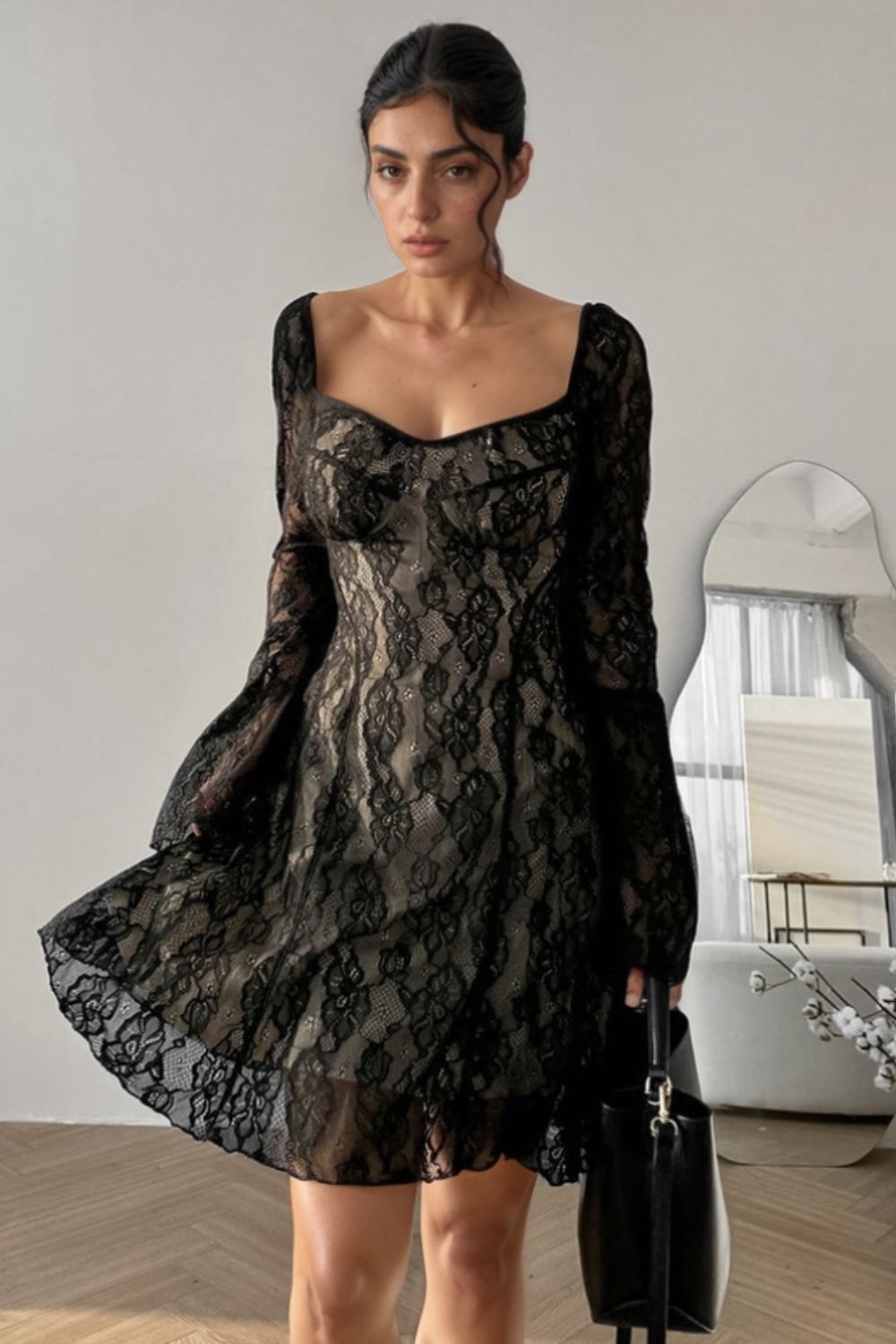 Lace Sweetheart Neck Flare Sleeve Mini Dress.