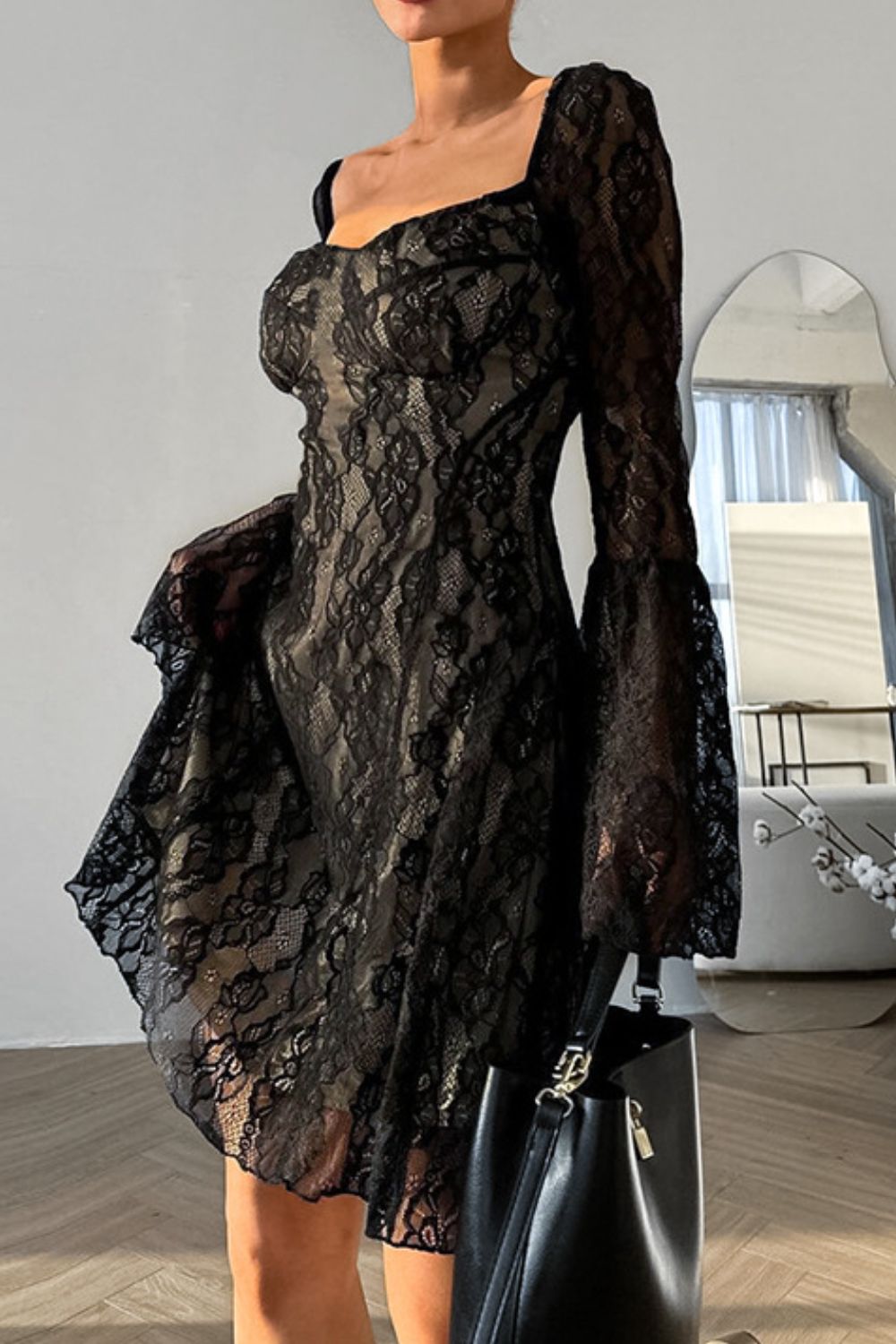 Lace Sweetheart Neck Flare Sleeve Mini Dress.
