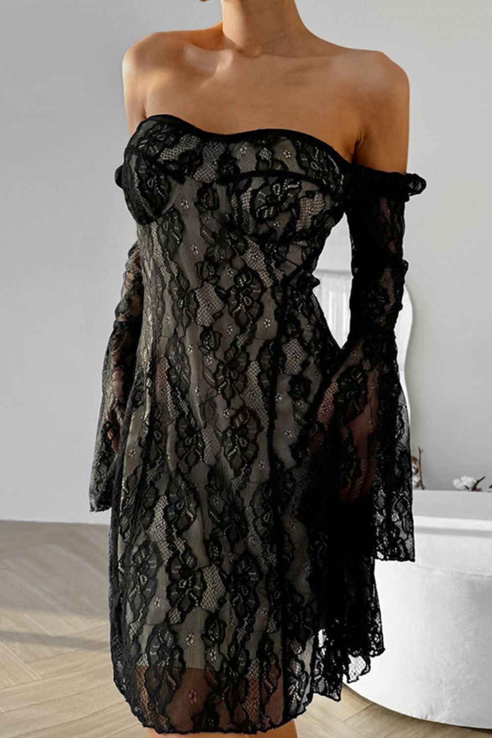 Lace Sweetheart Neck Flare Sleeve Mini Dress.