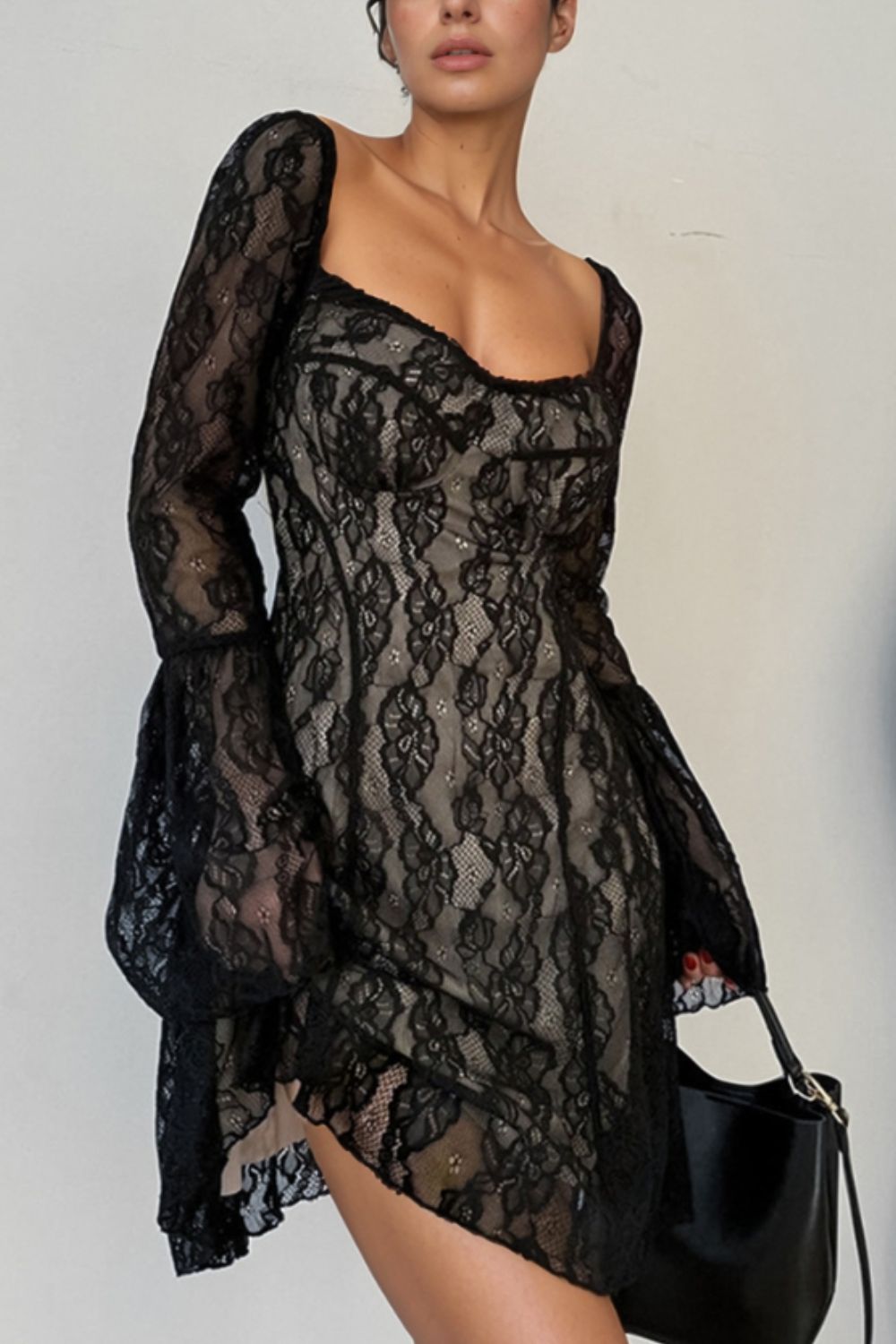 Lace Sweetheart Neck Flare Sleeve Mini Dress.