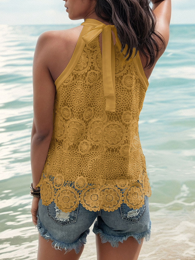 Lace tied mock neck tank top.