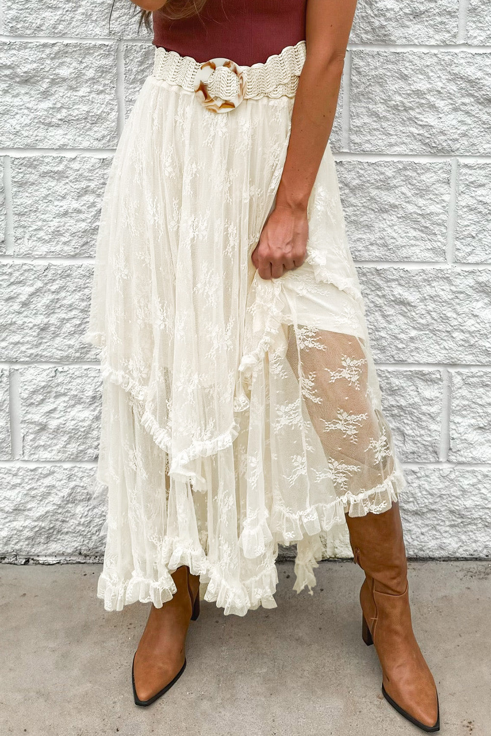 Lace Tiered Midi Skirt.