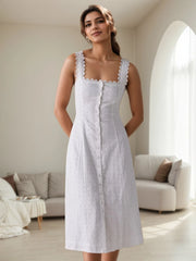 Lace Trim Button Front Square Neck Midi Dress.