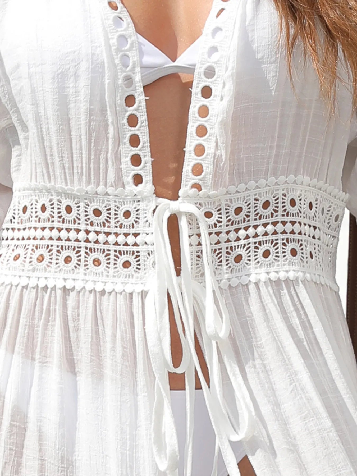 Lace Trim Plunging Beach Cover Up Maxi Dress with Tie.