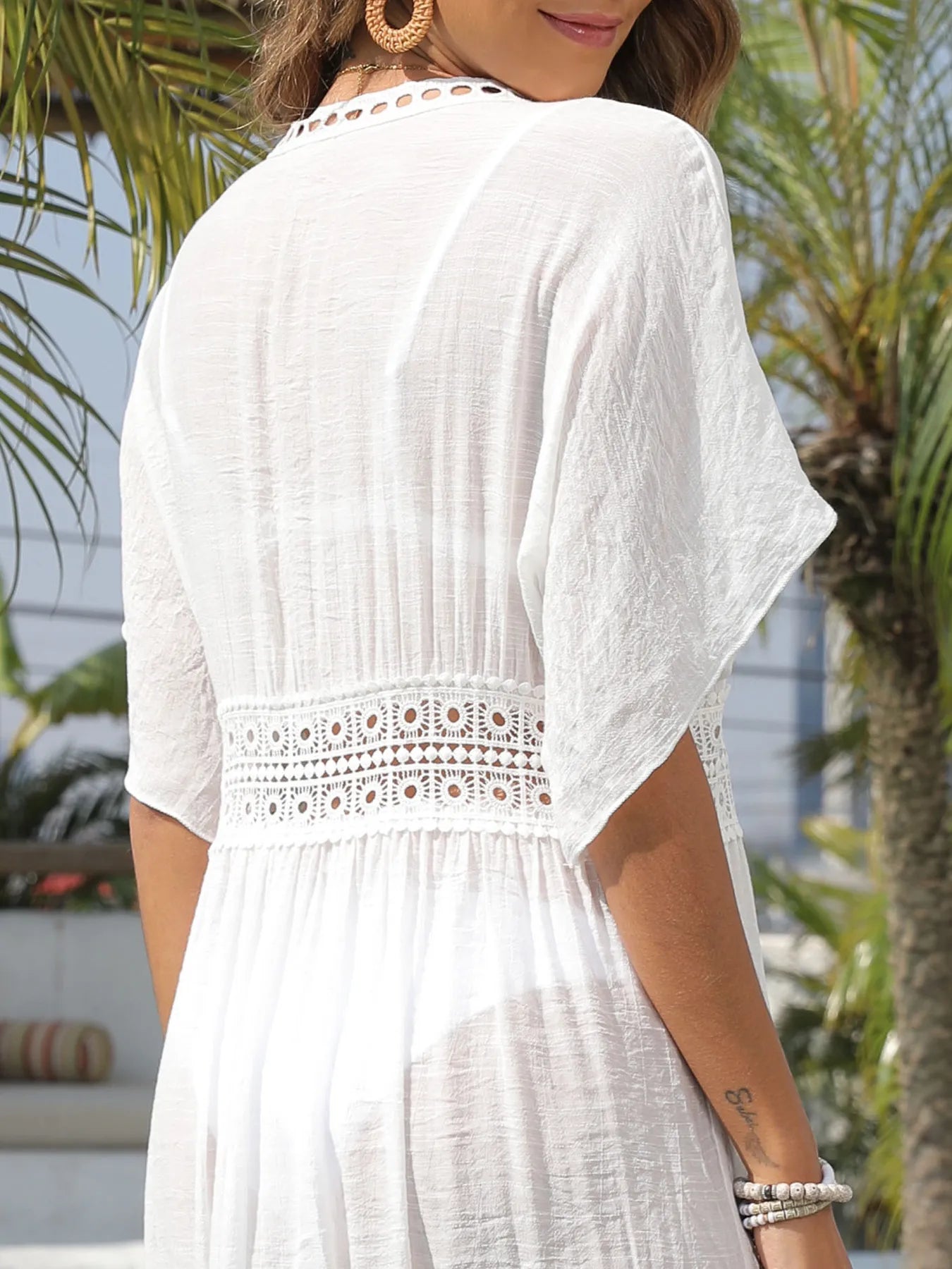 Lace Trim Plunging Beach Cover Up Maxi Dress with Tie.