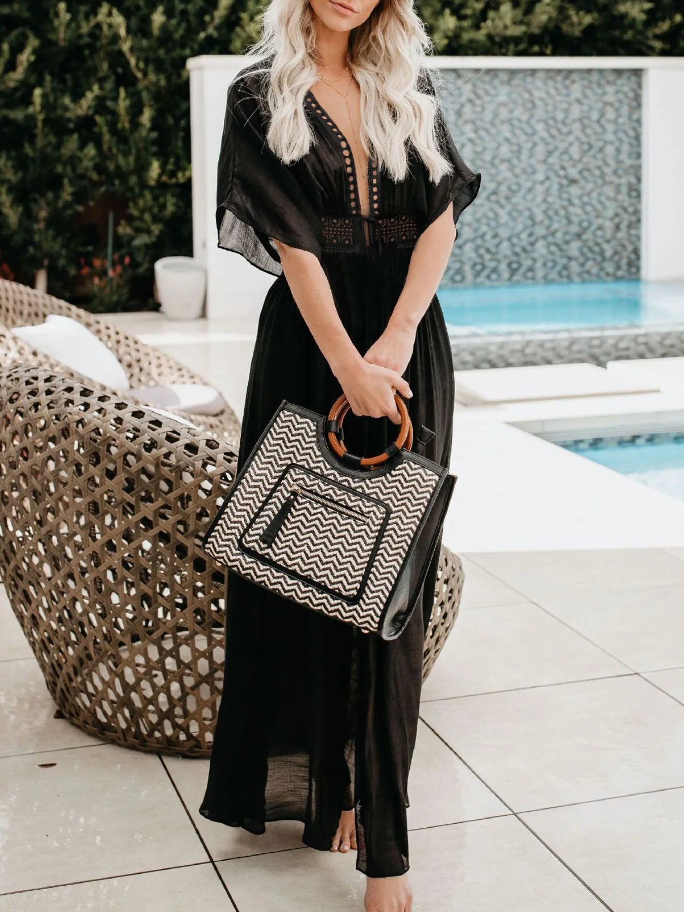 Lace Trim Plunging Beach Cover Up Maxi Dress with Tie.