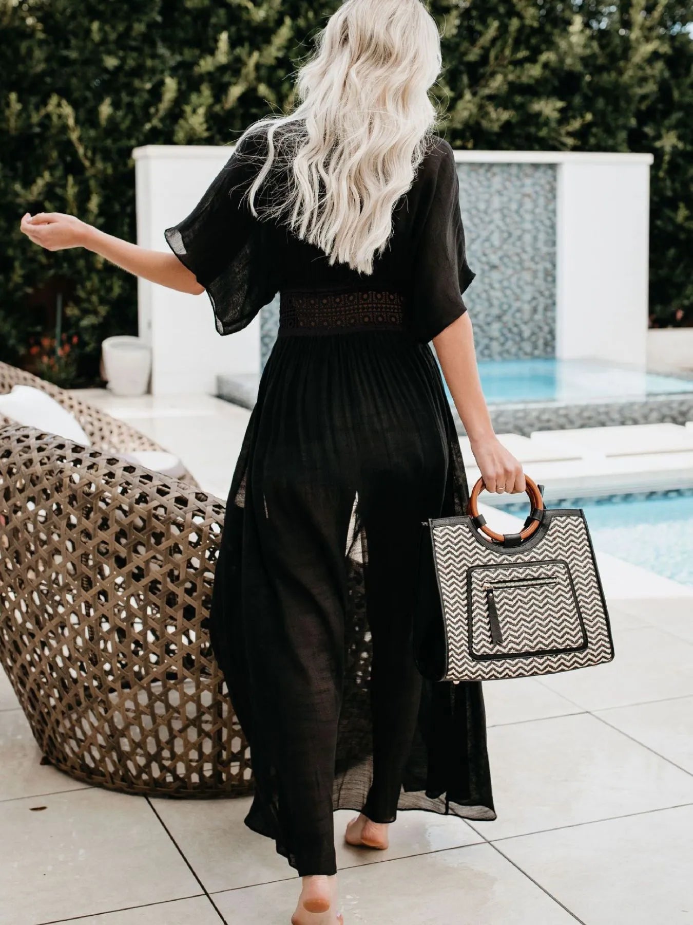 Lace Trim Plunging Beach Cover Up Maxi Dress with Tie.