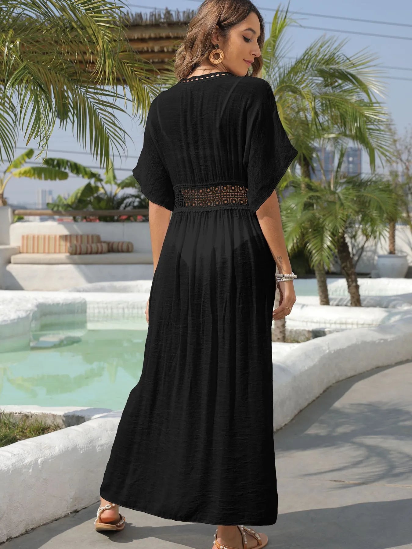Lace Trim Plunging Beach Cover Up Maxi Dress with Tie.