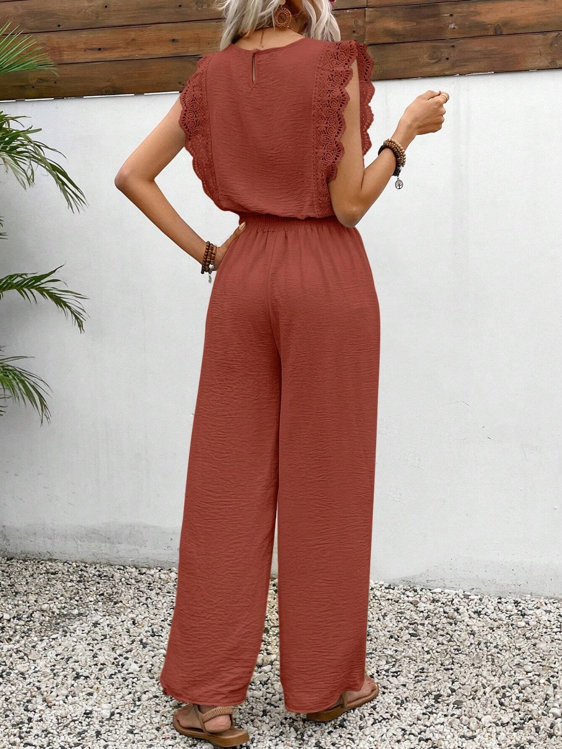 Lace Trim Round Neck Top and Pants Set.