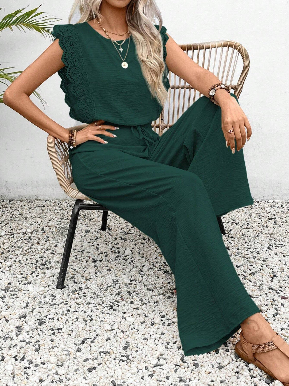 Lace Trim Round Neck Top and Pants Set.