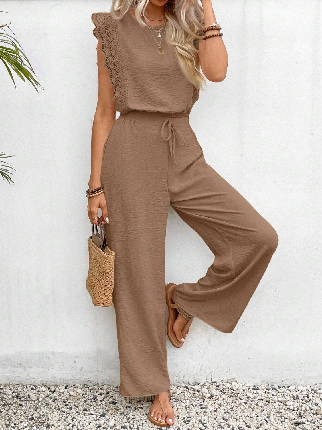 Lace Trim Round Neck Top and Pants Set.