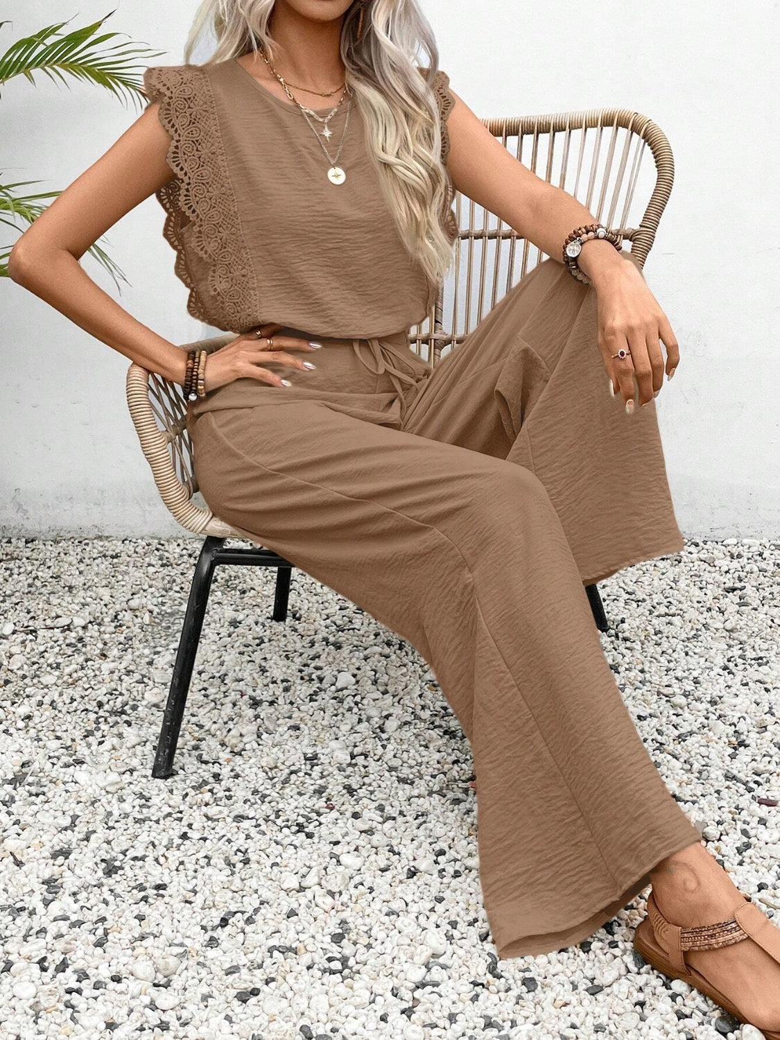 Lace Trim Round Neck Top and Pants Set.