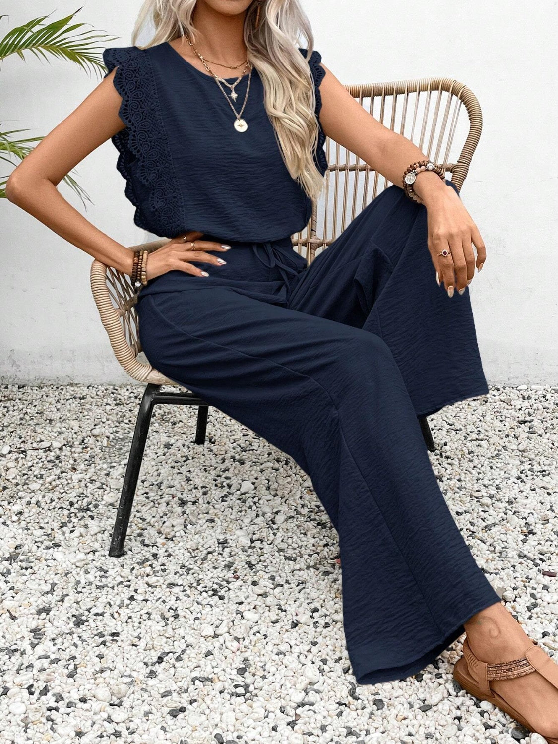 Lace Trim Round Neck Top and Pants Set.