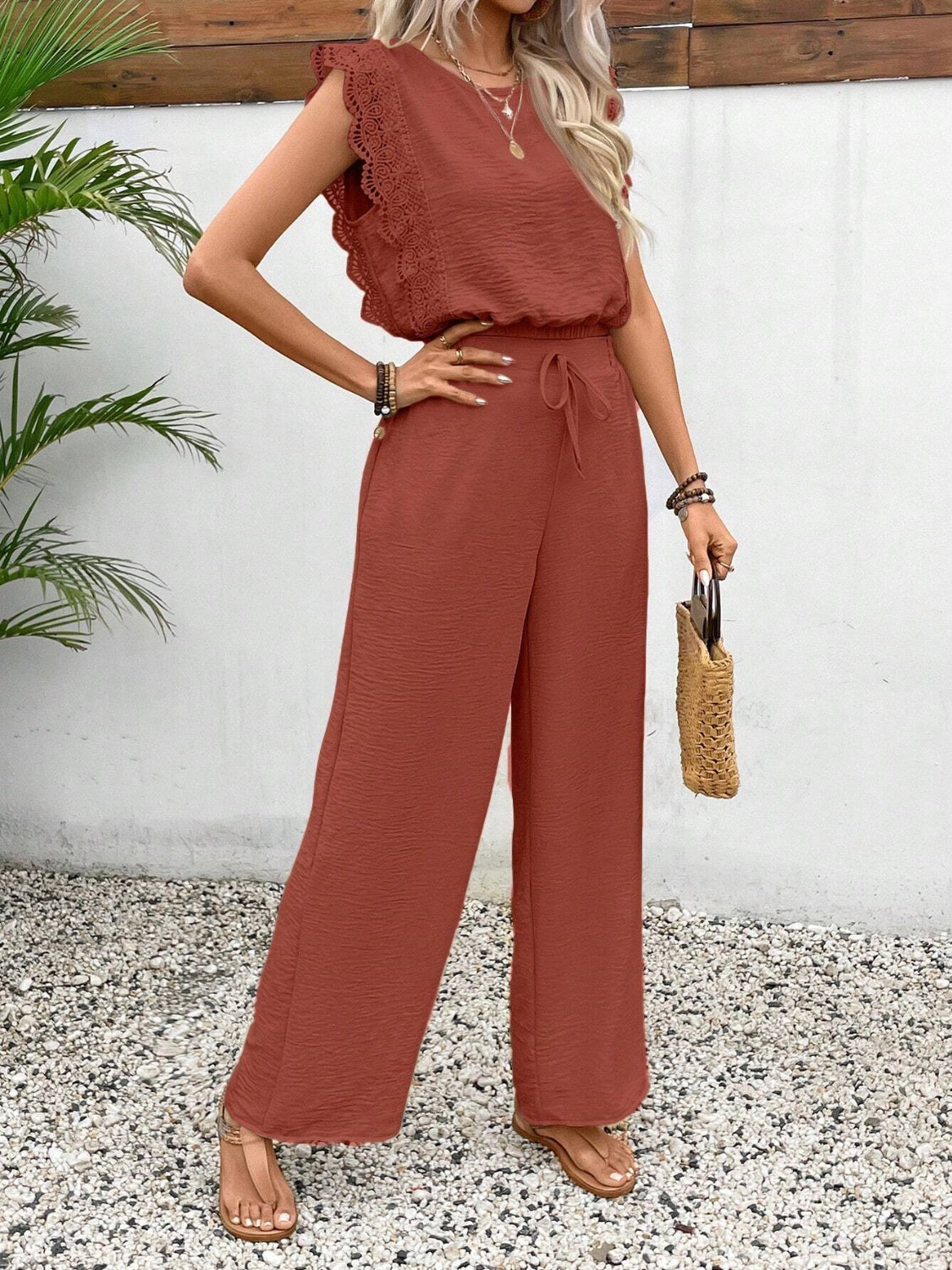 Lace Trim Round Neck Top and Pants Set.