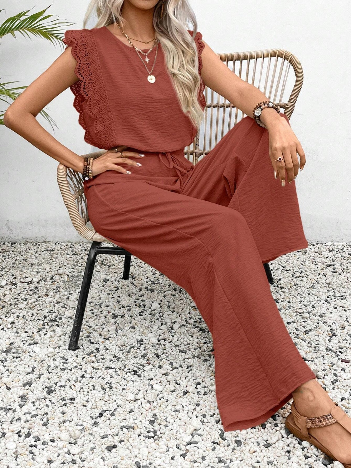Lace Trim Round Neck Top and Pants Set.