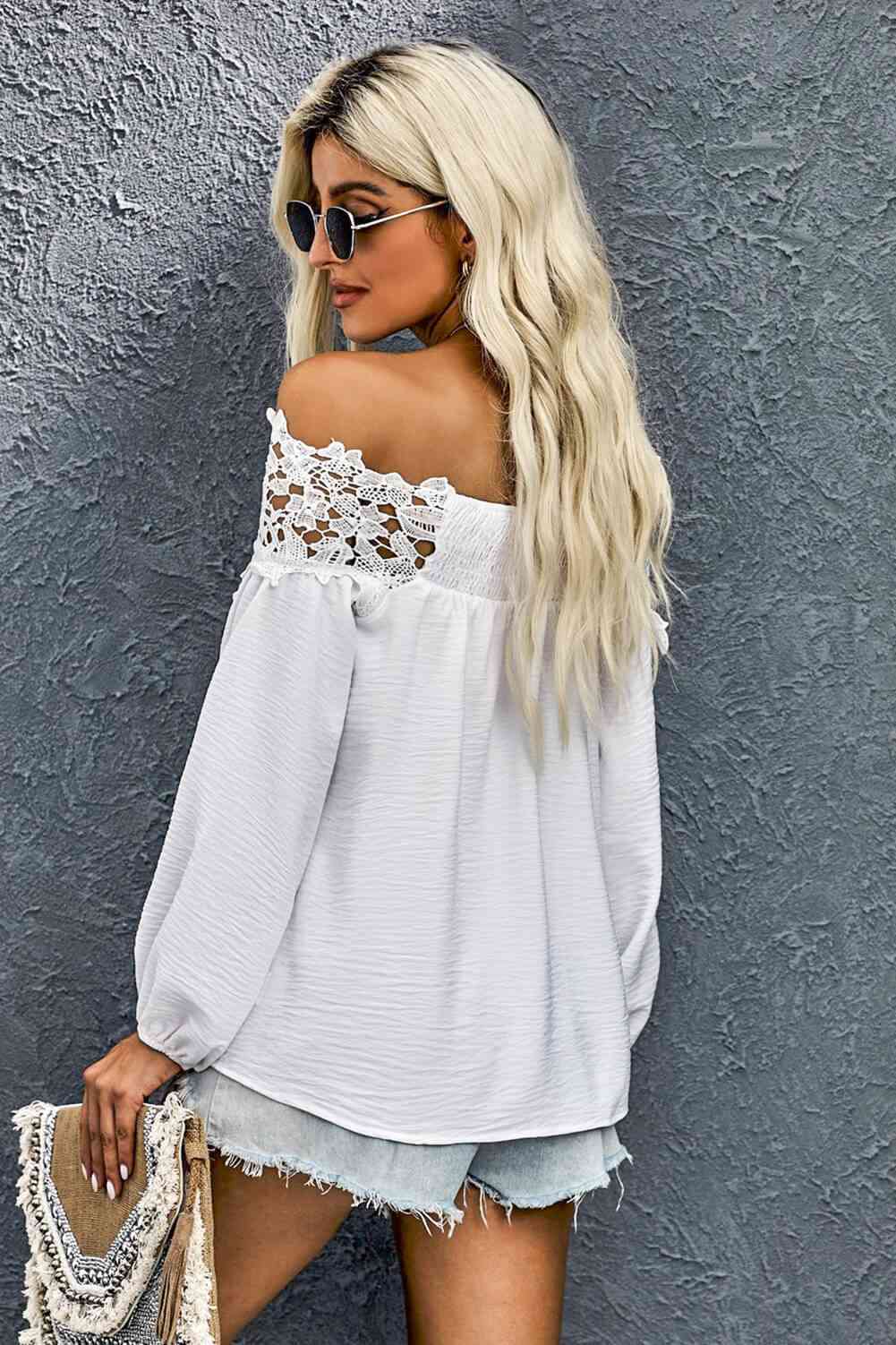 Lace Trim Textured Off-Shoulder Blouse.