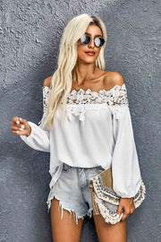 Lace Trim Textured Off-Shoulder Blouse.