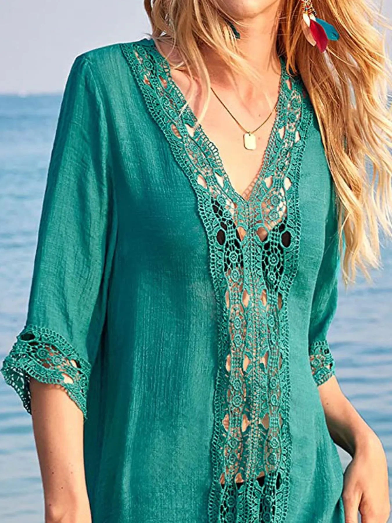 Lace Trim V-Neck Cover-Up.