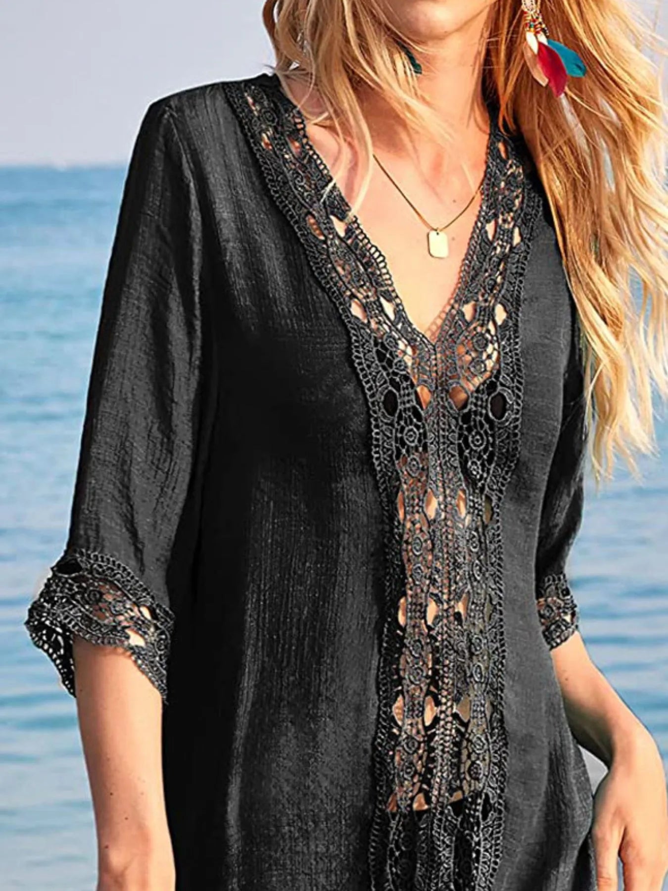 Lace Trim V-Neck Cover-Up.