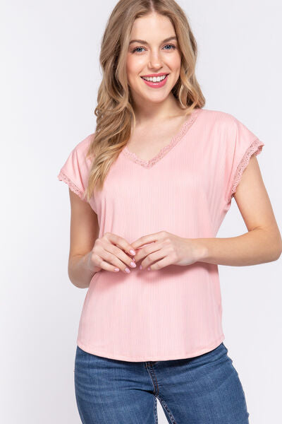 Active Basic Lace Trim V-Neck Short Sleeve Ribbed Top.