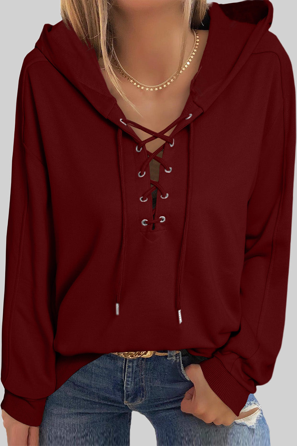 Lace up dropped shoulder hoodie.