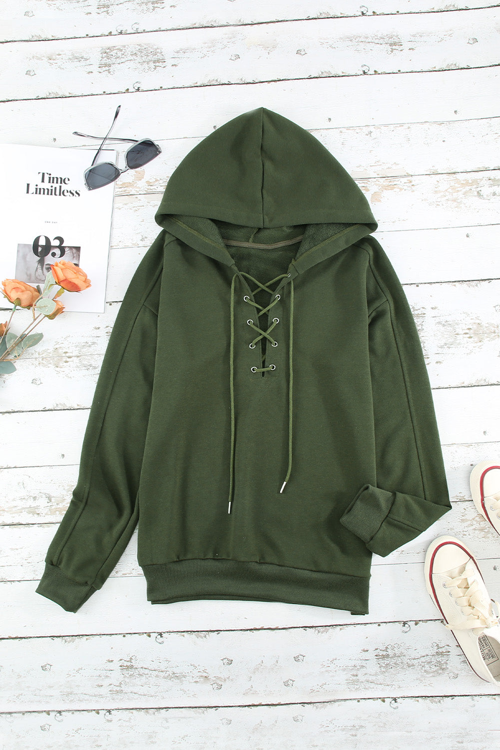 Lace up dropped shoulder hoodie.
