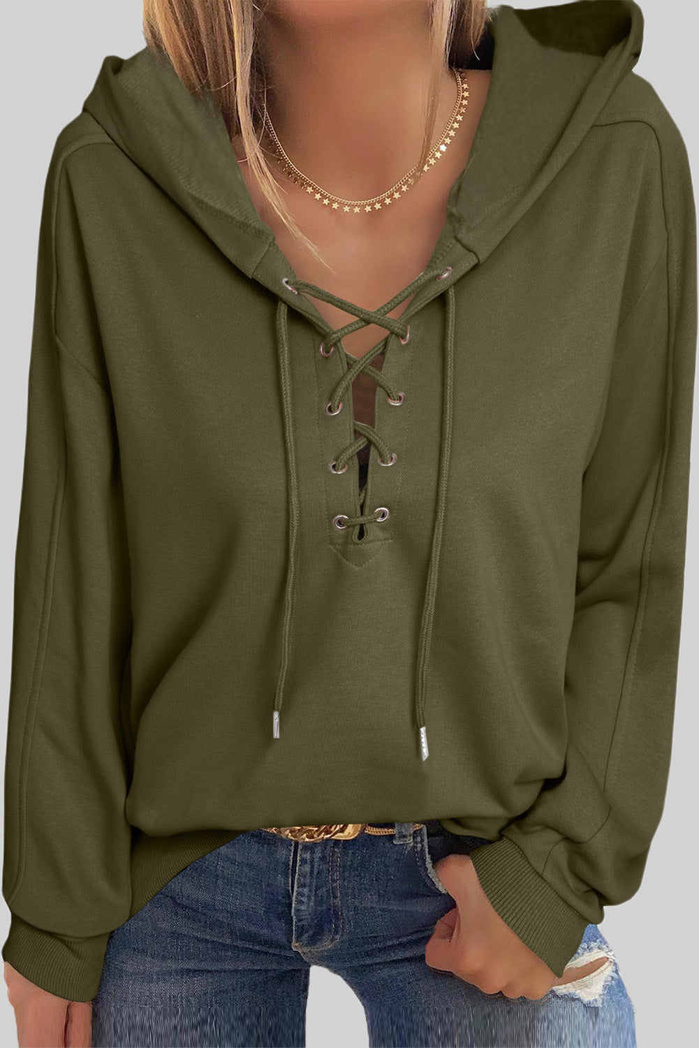 Lace up dropped shoulder hoodie.