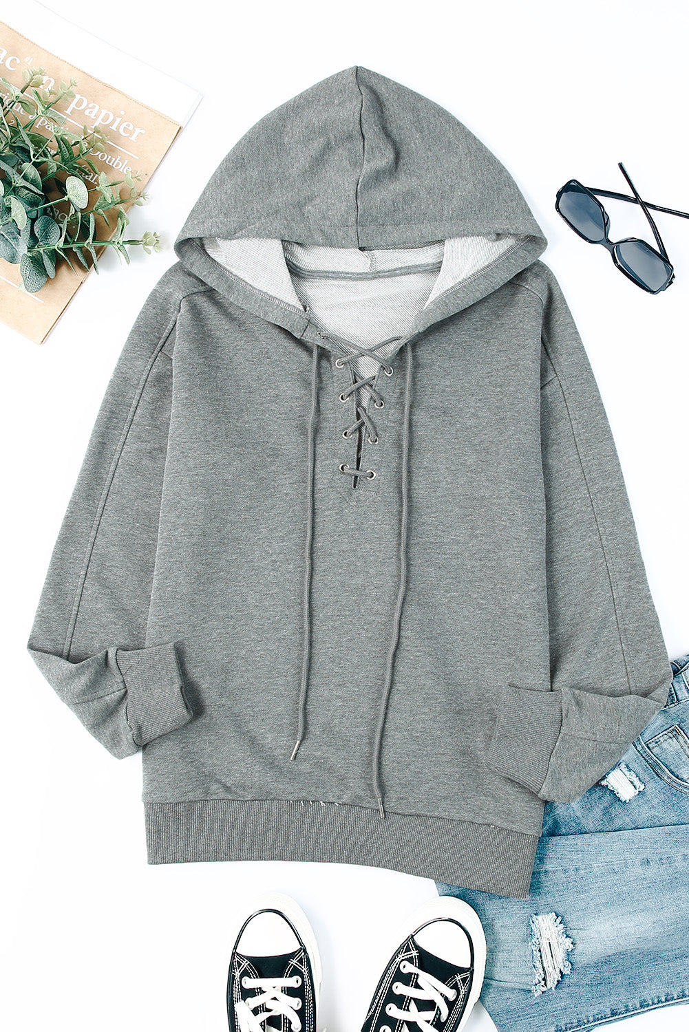 Lace up dropped shoulder hoodie.