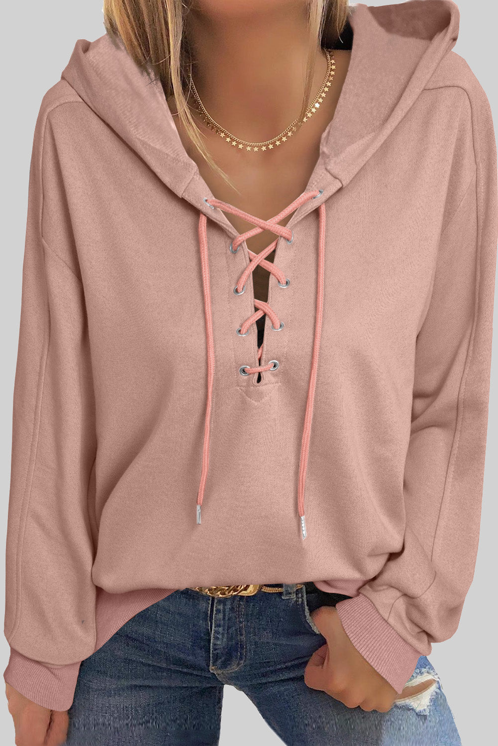 Lace up long sleeve hoodie.