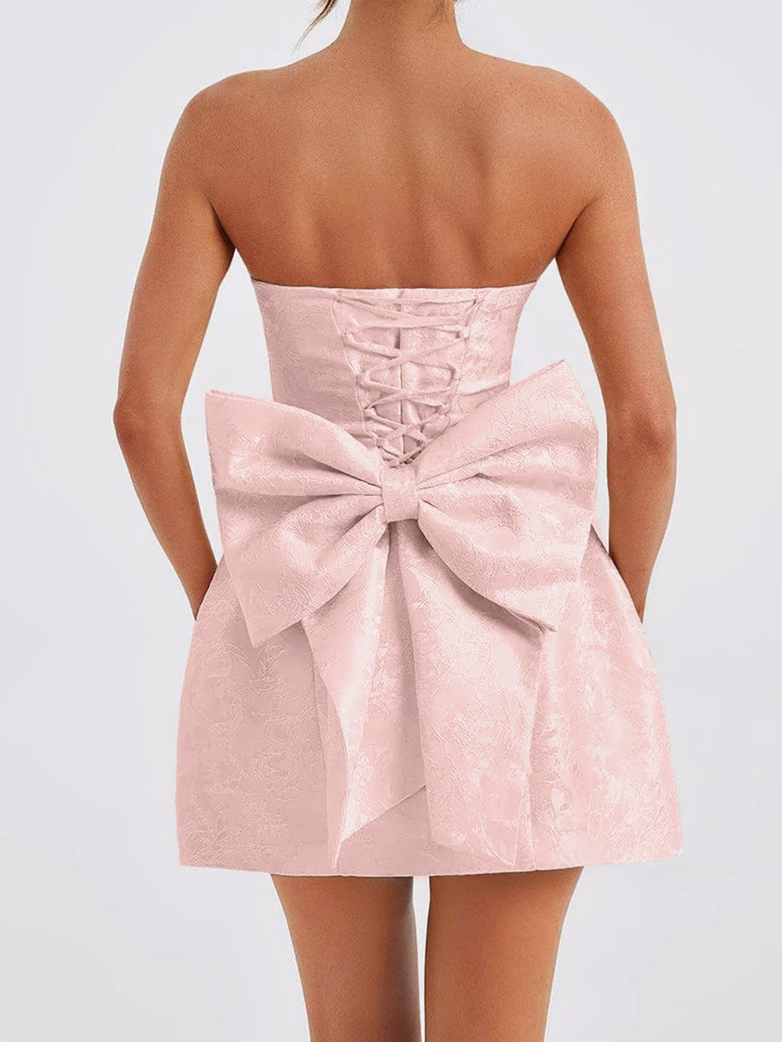 Lace-Up Sleeveless Satin Mini Dress with Bow.