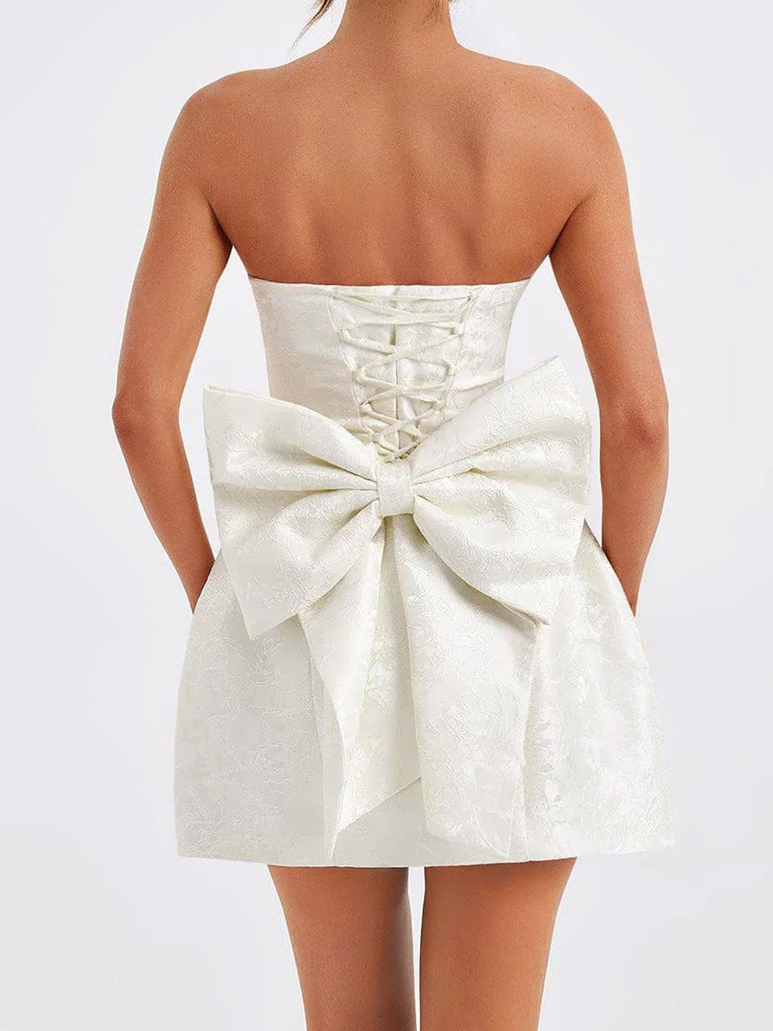 Lace-Up Sleeveless Satin Mini Dress with Bow.