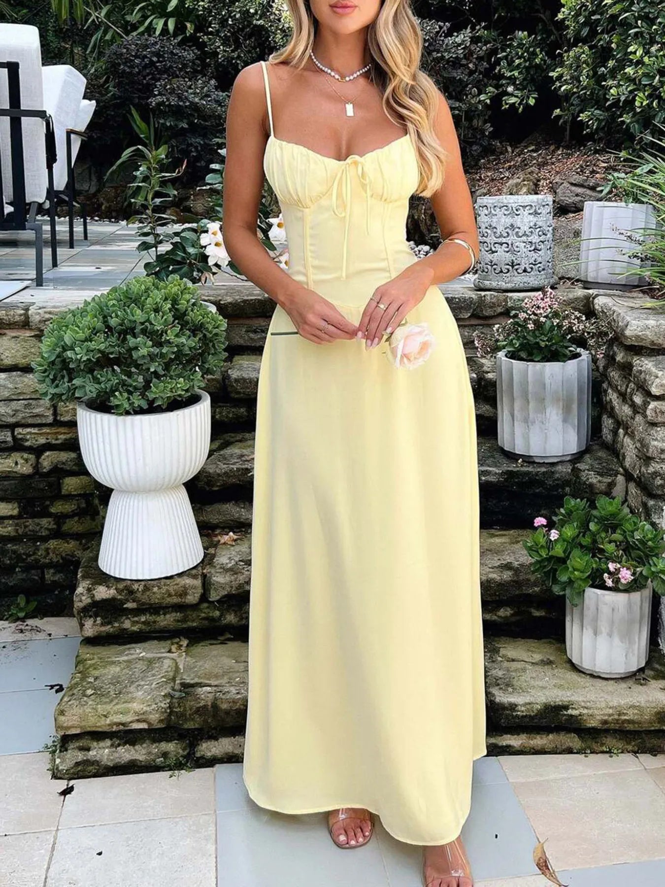 Lace-Up Solid Cami Dress.