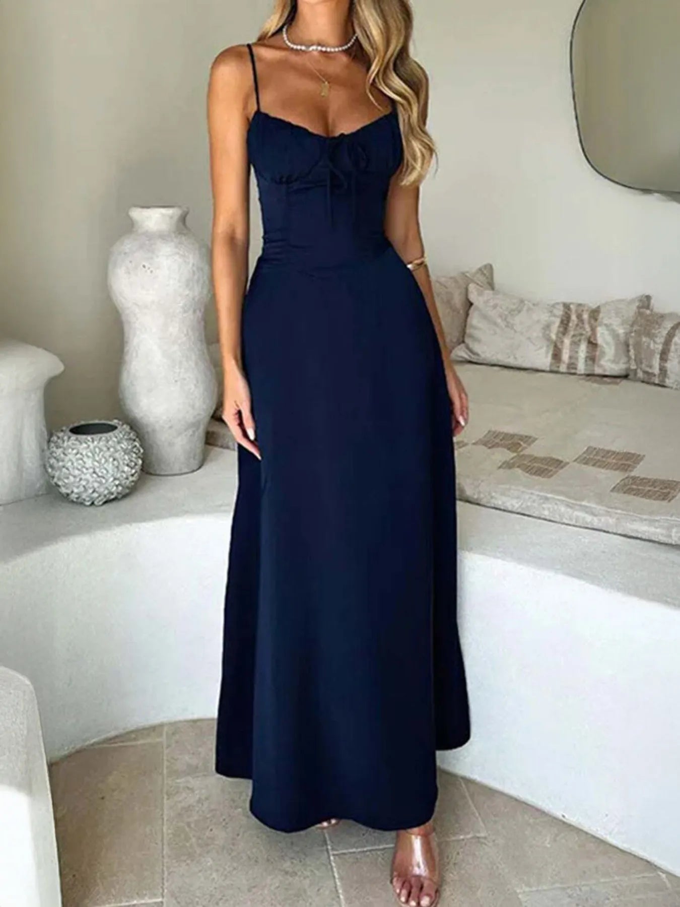 Lace-Up Solid Cami Dress.