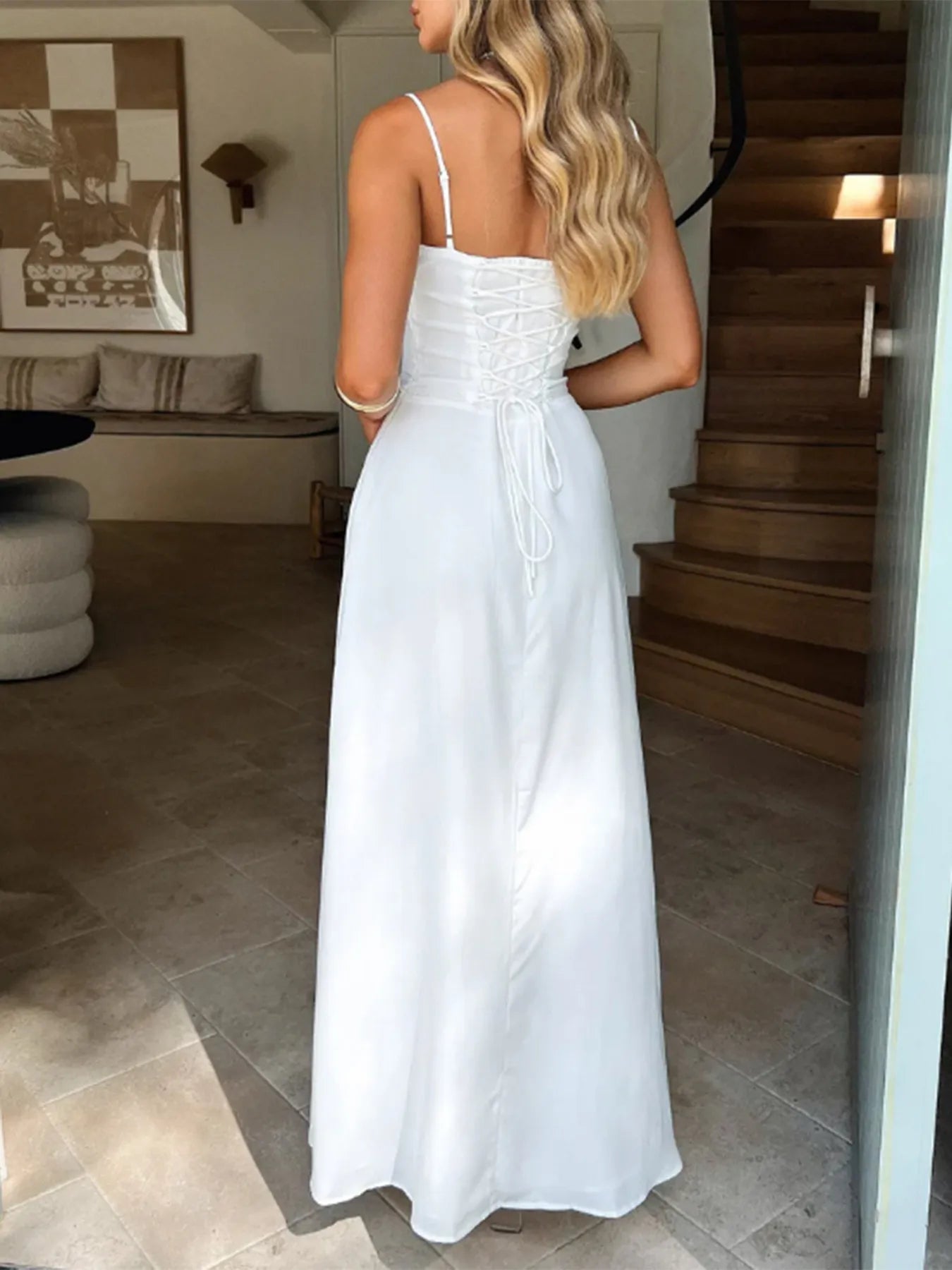 Lace-Up Solid Cami Dress.