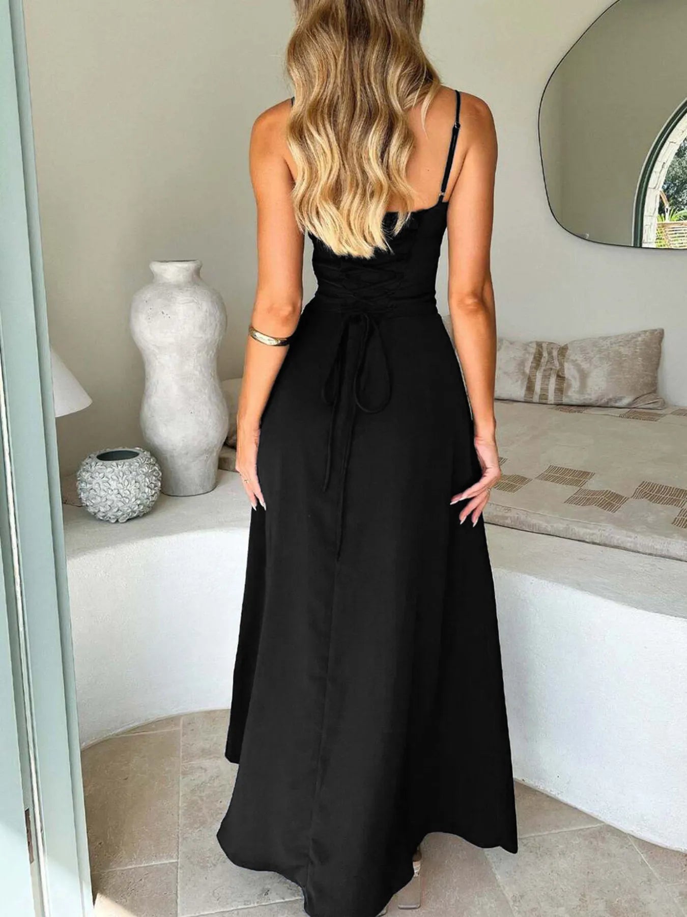 Lace-Up Solid Cami Dress.