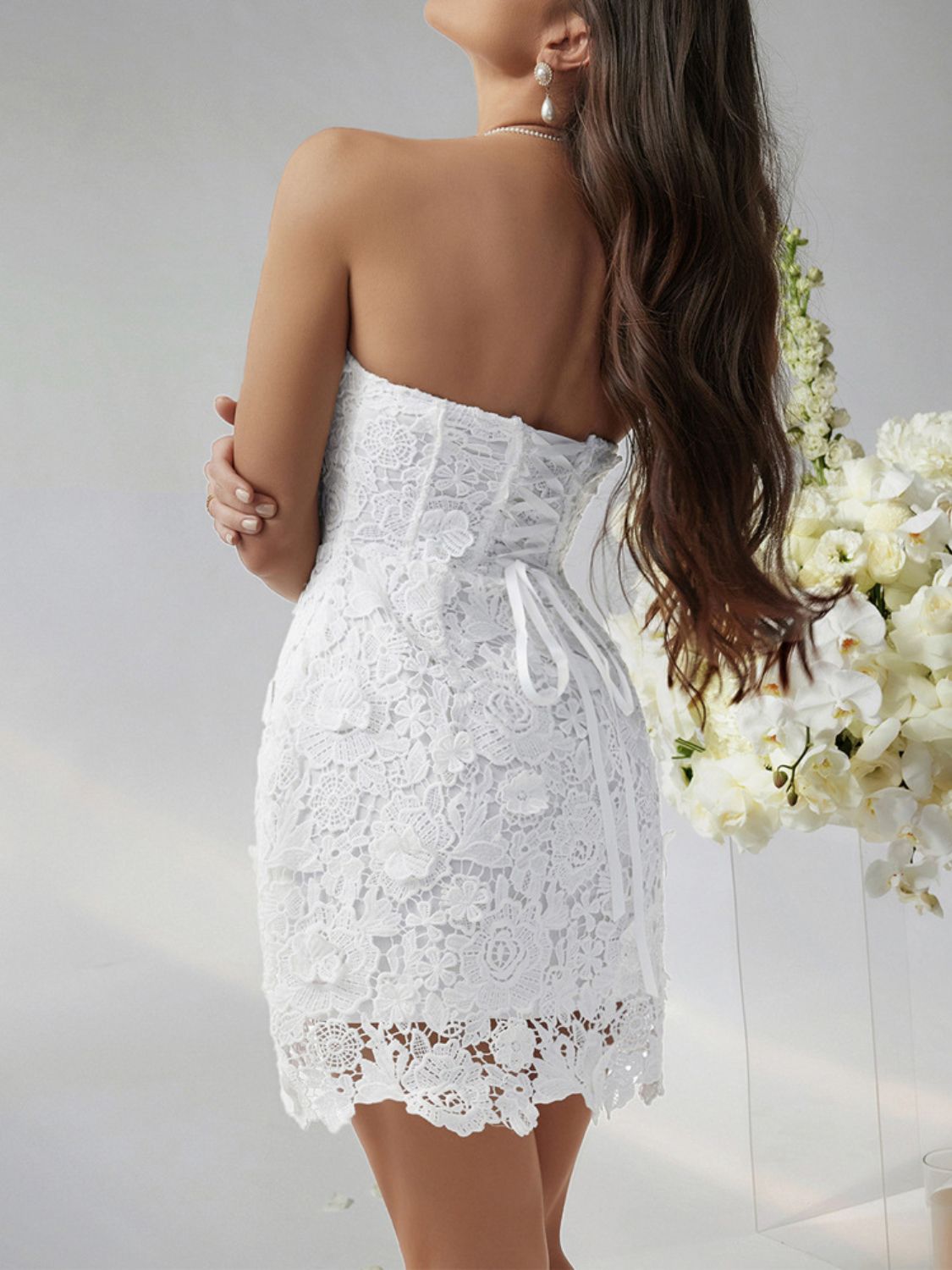 Devine Lace-Up Tube Lace Mini Dress.