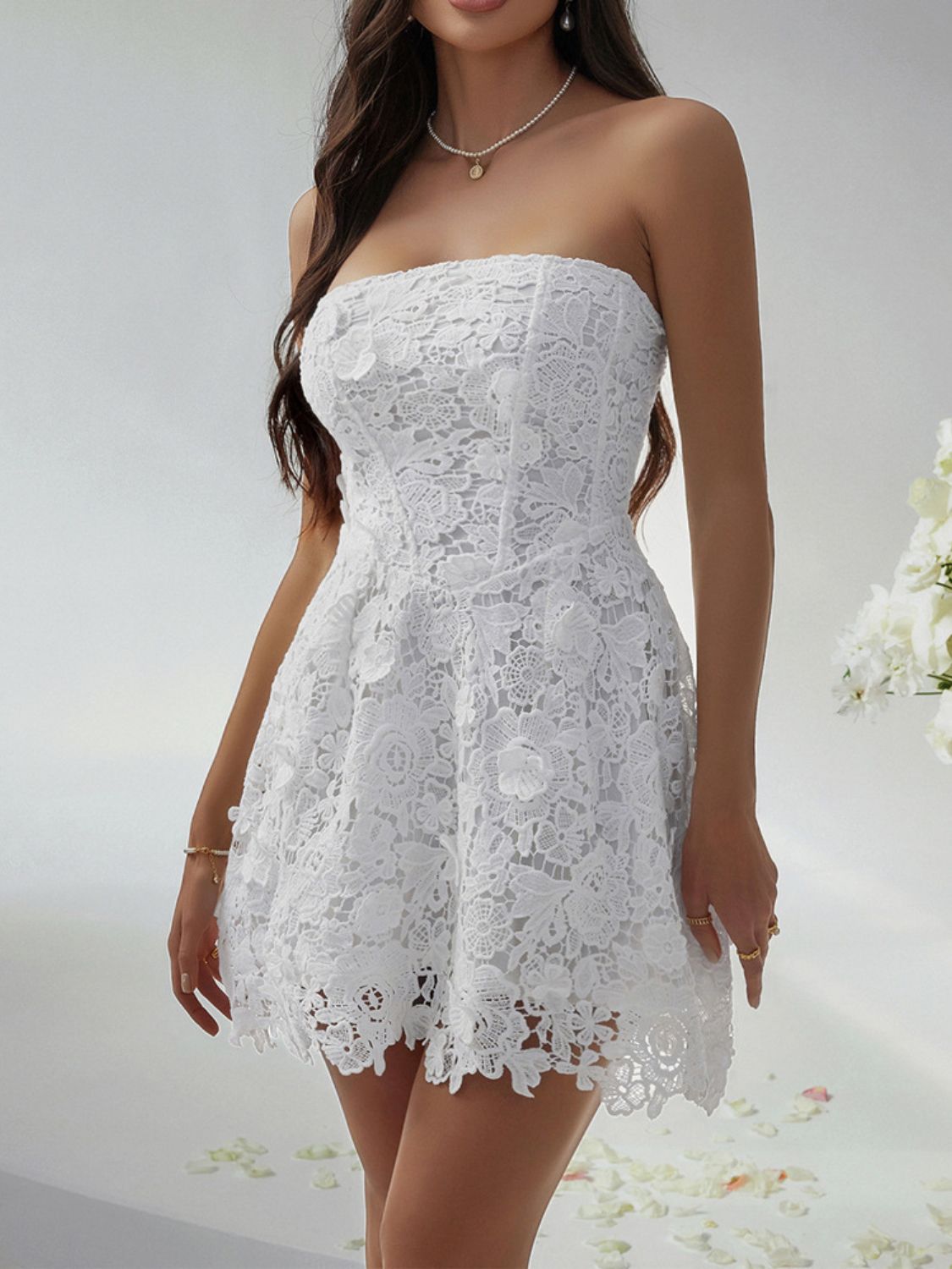 Devine Lace-Up Tube Lace Mini Dress.