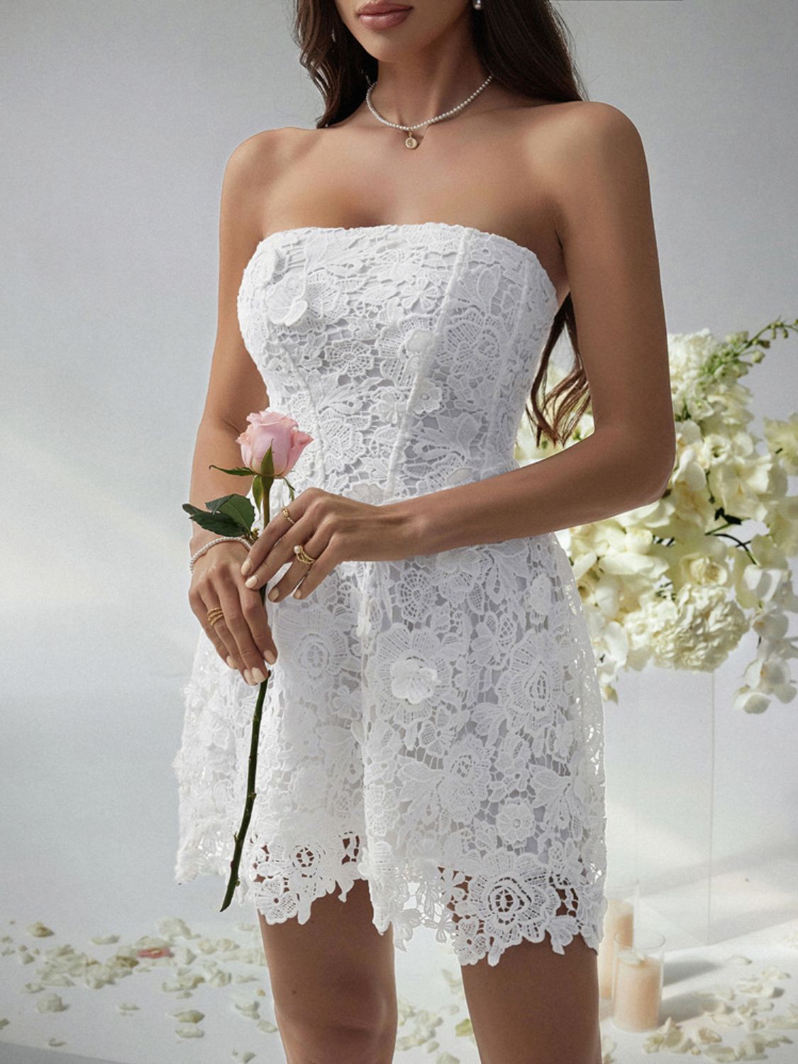 Devine Lace-Up Tube Lace Mini Dress.