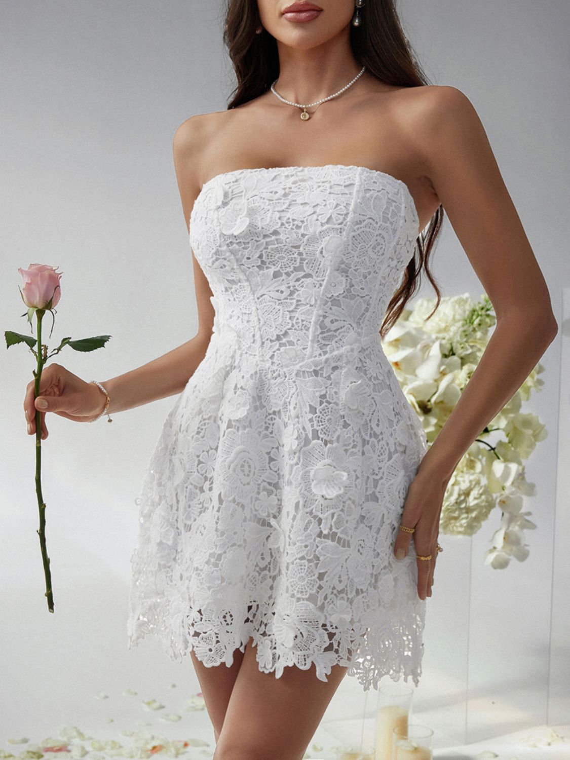 Devine Lace-Up Tube Lace Mini Dress.